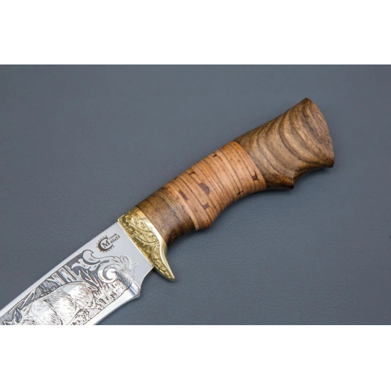 Нож "Близнец", сталь 65х13, береста, литье, гравировка